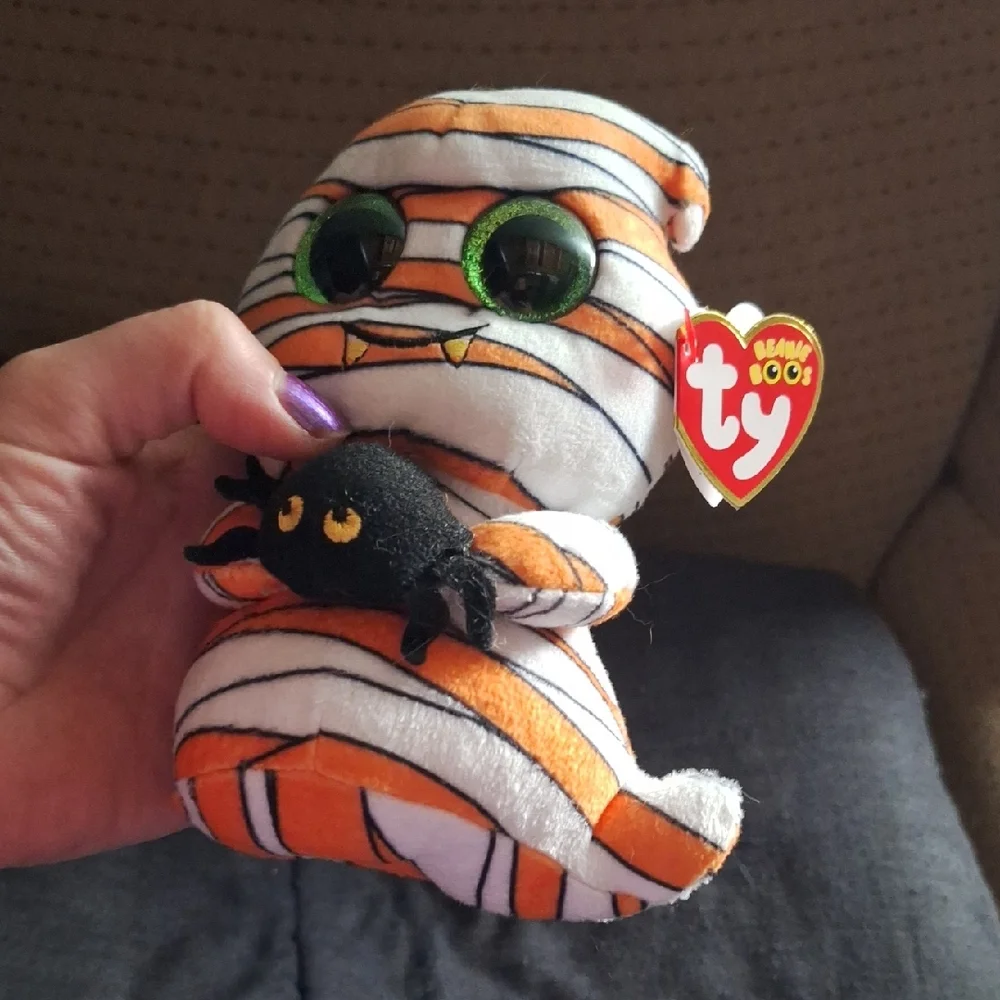 Ty Mummy Plush with Green Eyes and Orange Stripes